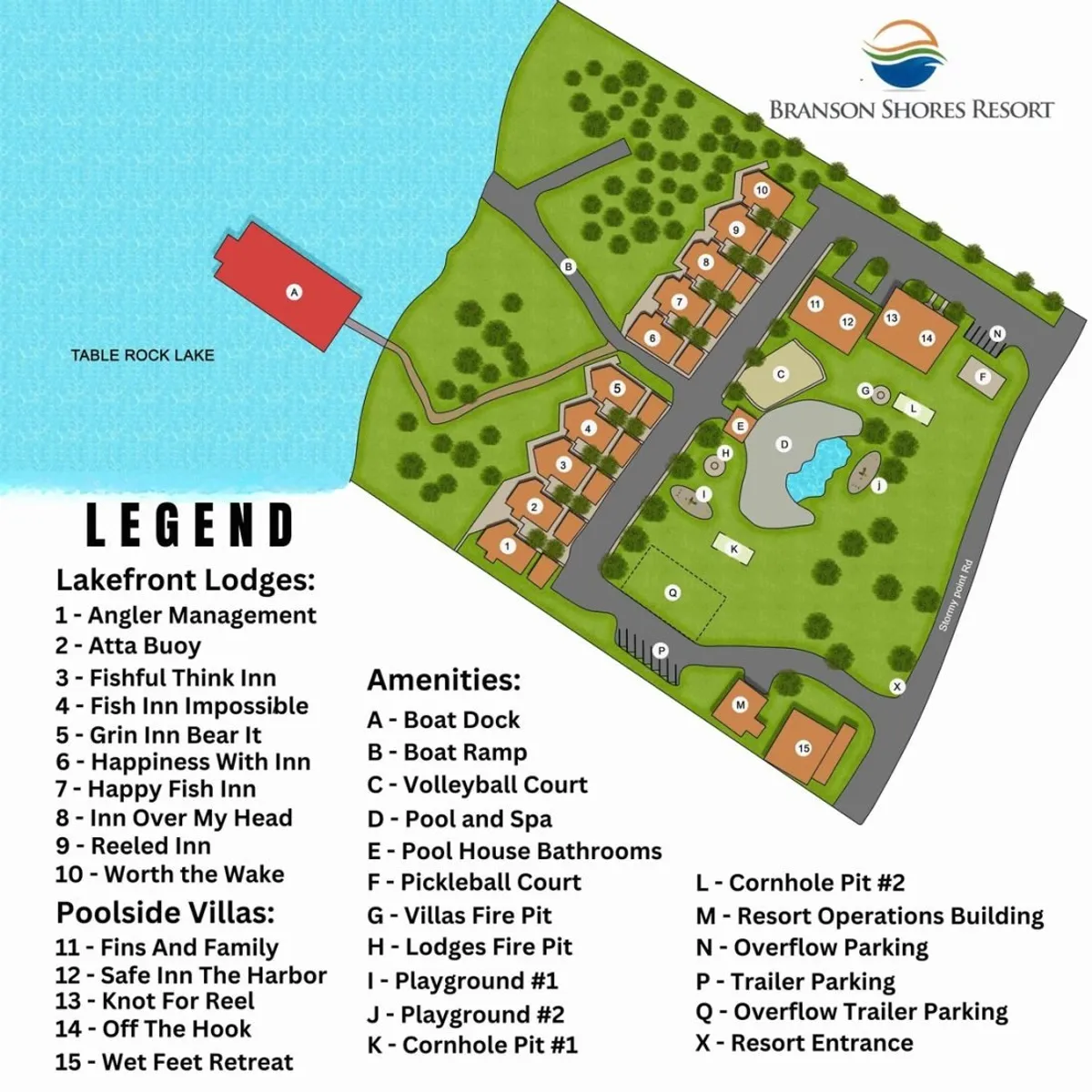This image presents a broad view of the Branson Shores Resort amenities, including Table Rock Lake, lakefront lodges, a pool area, and recreational spaces for swimming, volleyball, and picnicking. Groups and families can be seen engaging in various outdoor activities, creating an atmosphere of lively, shared fun.